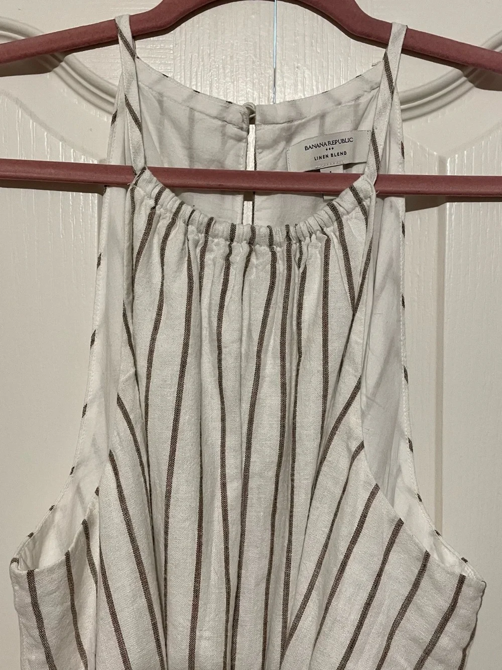 Banana Republic White and Brown Striped Linen/Rayon Wide-Leg Jumpsuit